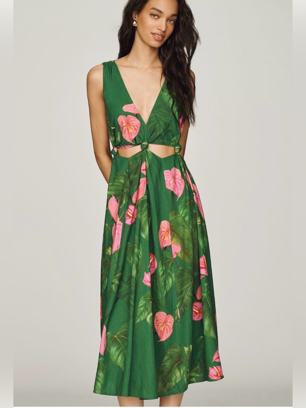 Farm Rio x Anthropologie Linen Blend V-Neck Cutout Midi Dress. Size L. MSRP $250